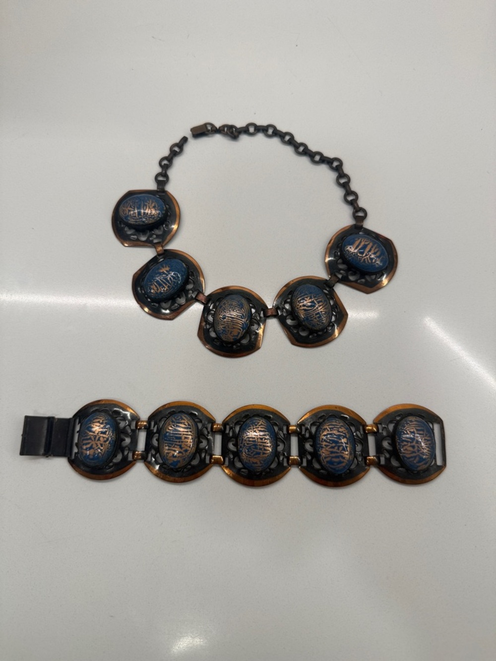 Vintage Artisan Mixed Metal Blue Cabochon Necklace & Bracelet Set